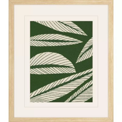 24" x 20" Six White Leaves on a Green Background Framed Tropical Print Under Glass
