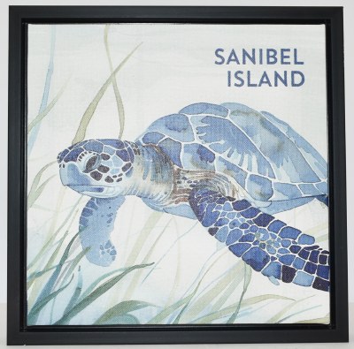 10" Sq "Sanibel Island" Blue Sea Turtle Swimming Coastal Canvas in a Black Frame