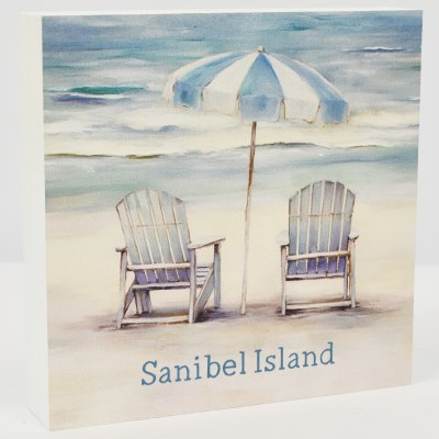 5" Sq "Sanibel Island" Two Beach Chairs With an Umbrella Coastal Plaque