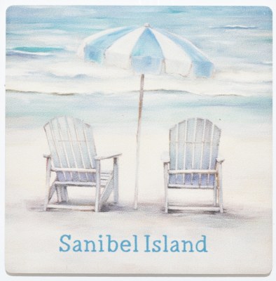 4" Sq "Sanibel Island" Two Beach Chairs With an Umbrella Coastal Ceramic Coaster