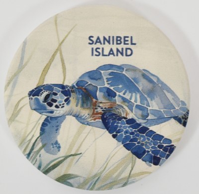 3" Round "Sanibel Island" Blue Sea Turtle Coastal Car Coaster