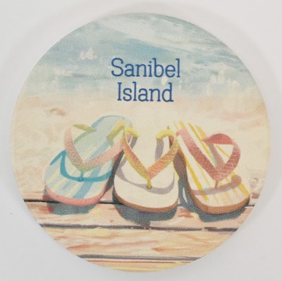 3" Round "Sanibel Island" Flip Flops Coastal Car Coaster