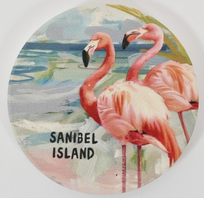 3" Round "Sanibel Island" Flamingos Coastal Car Coaster