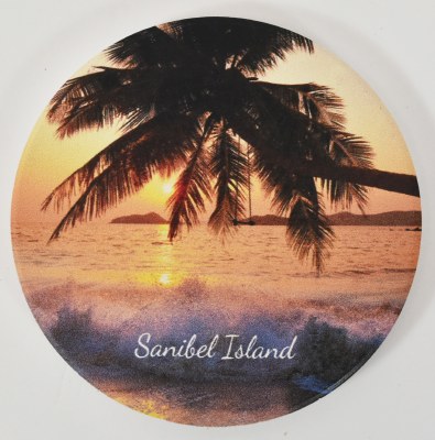 3" Round "Sanibel Island" Palm Tree and Sunset Coastal Car Coaster