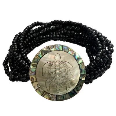 Abalone Sea Turtle and Black Beads Bracelet