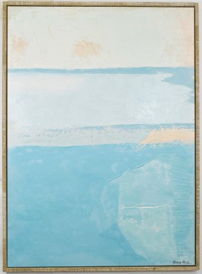 59" x 44" Light Blue Horizon coastal Canvas in a Distressed Wood Frame