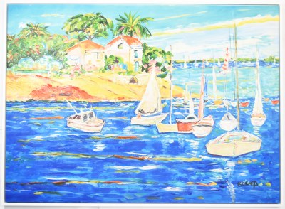 44" x 59" Blue Harbor Houses Coastal Canvas in a White Frame