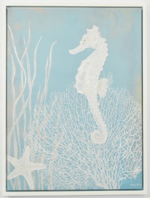 32" x 24" White Seahorse 1 on Light Blue Coastal Canvas in a White Frame