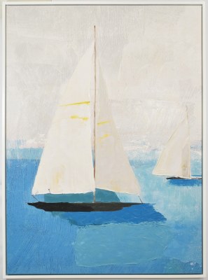 59" x 44" Two White Sailboats on the Horizon Coastal Canvas in a White Frame