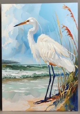 28" x 20" White Egret on a Beach With Blue Green Water Coastal Canvas