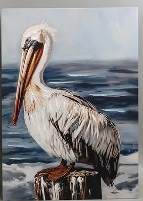 28" x 20" One Pelican on a Piling Coastal Canvas