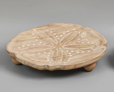 12" Round Whitewash and Brown Carved Wood Sand Dollar Plate