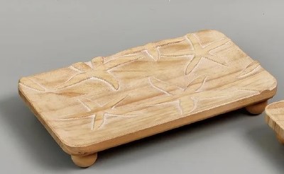 6" x 10" Whitewash and Brown Carved Wood Starfish Plate