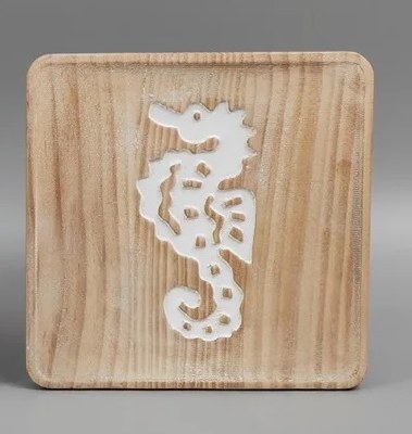 8" Sq Whitewash and Brown Carved Seahorse Coastal Wood Wall Art Plaque