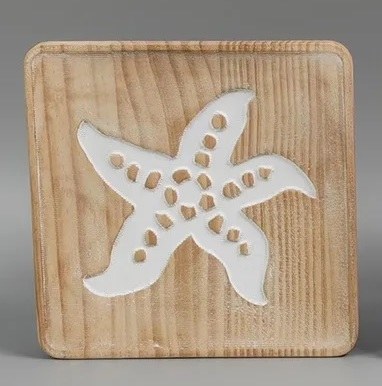 8" Sq Whitewash and Brown Carved Starfish Coastal Wood Wall Art Plaque