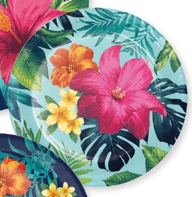 Pack of Eight 7" Round Multicolor Tropical Flowers Paper Plates