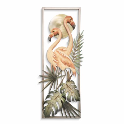46" x 18" Two Wood Flamingos and a Metal Sun Framed Coastal Wall Art Plaque MM950