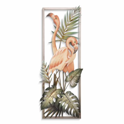 46" x 18" Two Wood Flamingos and Metal Tropical Leaves Framed Coastal Wall Art Plaque MM951
