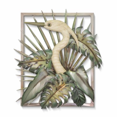 26" x 22" Heron Head Facing the Left With Tropical Foliage Framed Coastal Metal Wall Art Plaque MM952