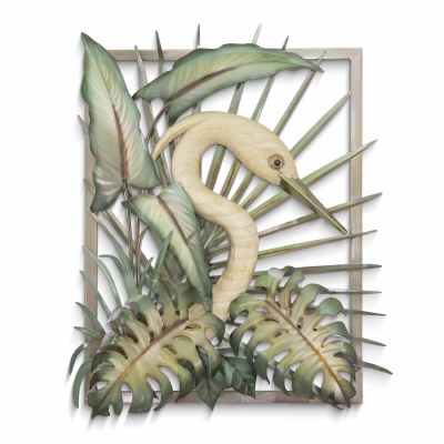26" x 22" Heron Head Facing the Right With Tropical Foliage Framed Coastal Metal Wall Art Plaque MM953