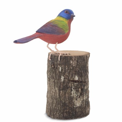 6" Painted Bunting on a Wood Base Coastal Sculpture
