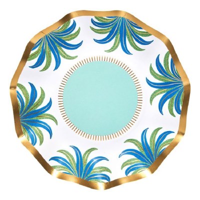 Pack of 8 7" Round Blue and Green Palm Tree Paper Bowls
