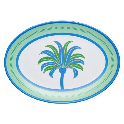 14" Oval Blue and Green Melamine Palm Tree Design Serving Platter
