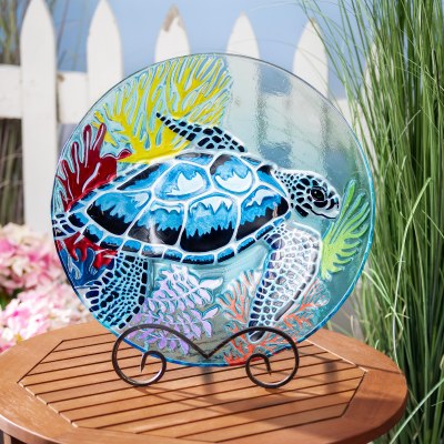 18" Round Blue Sea Turtle Glass Bowl