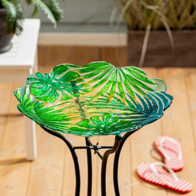 18" Round Multicolor Tropical Leaf Glass Bowl