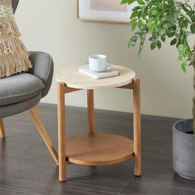 17" Round Natural Travertine and Wood End Table