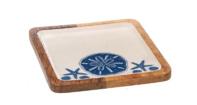 8" Sq Blue and White Wood Seashells Tray