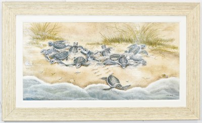 30" x 50" Time to Go Sea Turtle Hatchlings Coastal Gel Textured Print in a Distressed Sand Frame