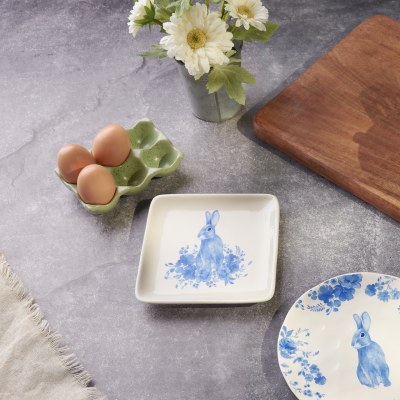 6" Sq Blue Bunny Pattern Ceramic Plate