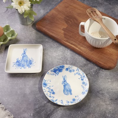 7" Round Blue Bunny Pattern Ceramic Plate