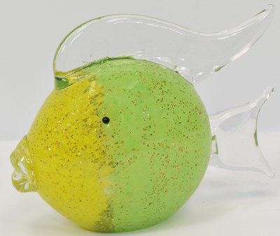 6" Yellow and Green Speckled Glass Coastal Fish Figurine