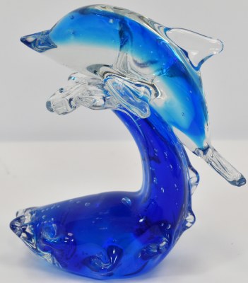 5" Blue Glass Dolphin Riding on a Wave Coastal Figurine