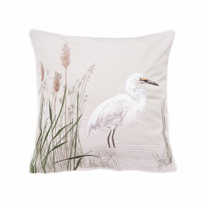 20" Sq Right Facing White Egret on Gray Decorative Coastal Indoor/Outdoor Pillow
