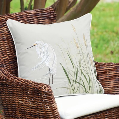20" Sq Left Facing White Egret on Gray Decorative Coastal Indoor/Outdoor Pillow