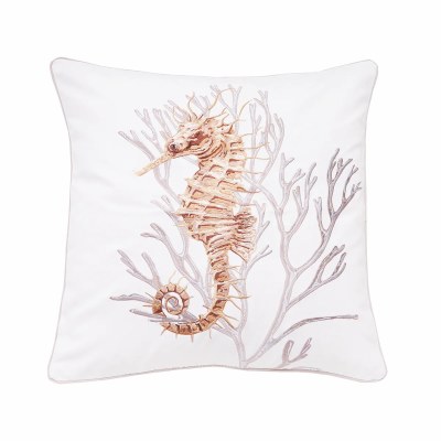 20" Sq Neautral Toned Seahorse With Coral Decorative Coastal Indoor/Outdoor Pillow