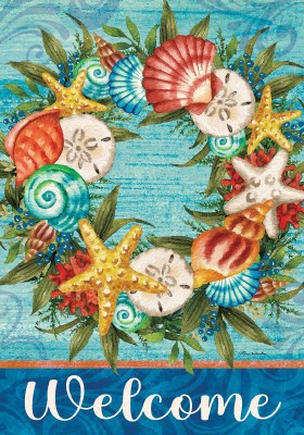 18" x 12" Shell Wreath "Welcome" Mini Coastal Garden Flag