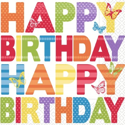 5" Sq "Happy Birthday" Butterfly Beverage Napkins