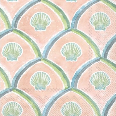 5" Sq Peach and Green Scallop Shells Beverage Napkins