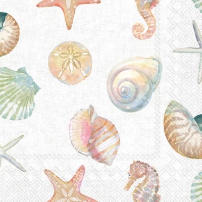 6.5" Sq Multipastel Seashells on White Lunch Napkins