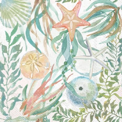 5" Sq Multipastel Seashells and Seaweed Beverage Napkins