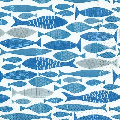 5" Sq Blue and Gray School of Fish Beverage Napkins