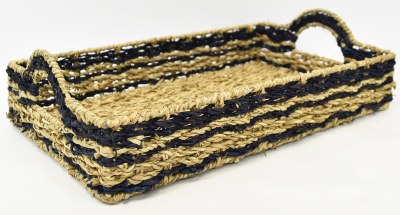 9' x 15" Natural and Navy Woven Seagrass Tray With Handles