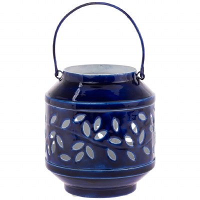 6" Navy and White Leaves Metal Lantern