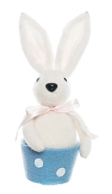 8" White Bunny in a Blue Basket Figurine