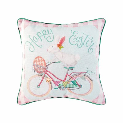 18" Sq "Happy Easter" Bunny on a Bike Decorative Easter Pillow
