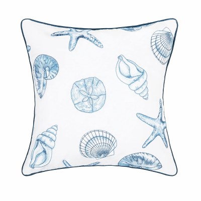 18" Sq Blue Seashells on White Decorative Coastal Pillow